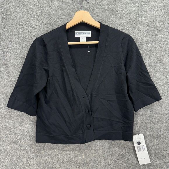 New Jessica Howard Cardigan Women L Large Black V-Neck Short Sleeve Button - Picture 1 of 10